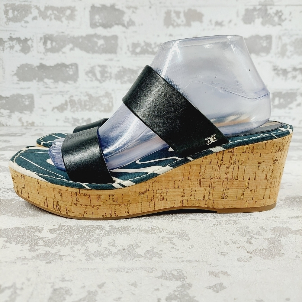 New Sam Edelman Alissa Platform Cork Heel Black Leather Slides Sandals  W812